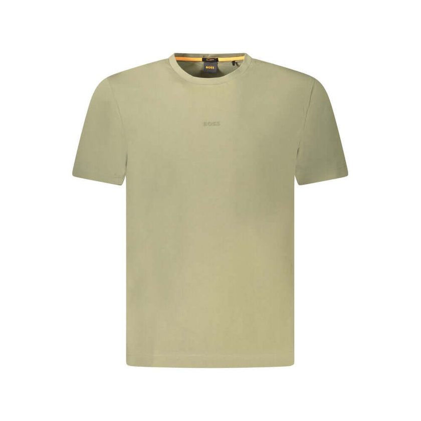 Green Cotton Men TShirtElevate your wardrobe with the epitome of casual sophistication: the Hugo Boss short sleeve T-shirt. This relaxed fit Tee exudes an effortless vibe while showcasing your penchant for luxury with its signature Hugo Boss logo applicat