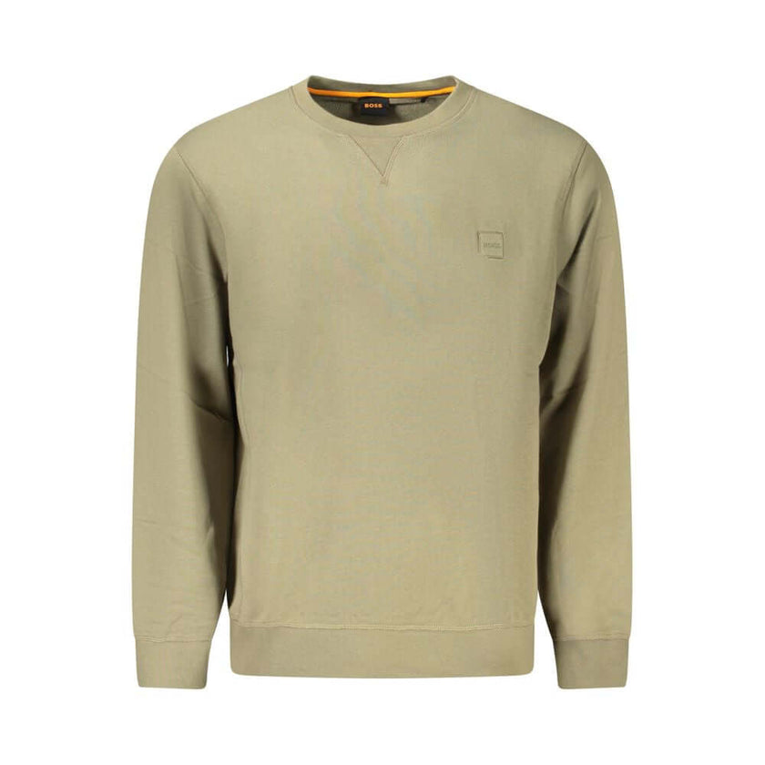 Green Cotton Men SweaterEmbrace the epitome of contemporary sophistication with this Hugo Boss long-sleeve sweatshirt. Crafted from pure cotton for unrivaled comfort, it sports a stylish crew neck, coupled with an intricate brushed finish. The emblematic
