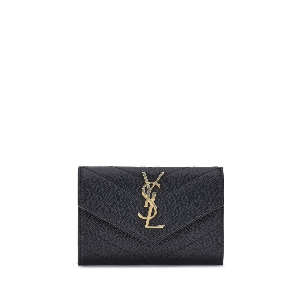 Leather WalletSaint Laurent’s leather Wallet combines functionality and style in a compact and elegant design. Featuring a snap-button closure, it features a logo plaque on the front that adds an iconic touch. There is a handy slit pocket on the back, whi
