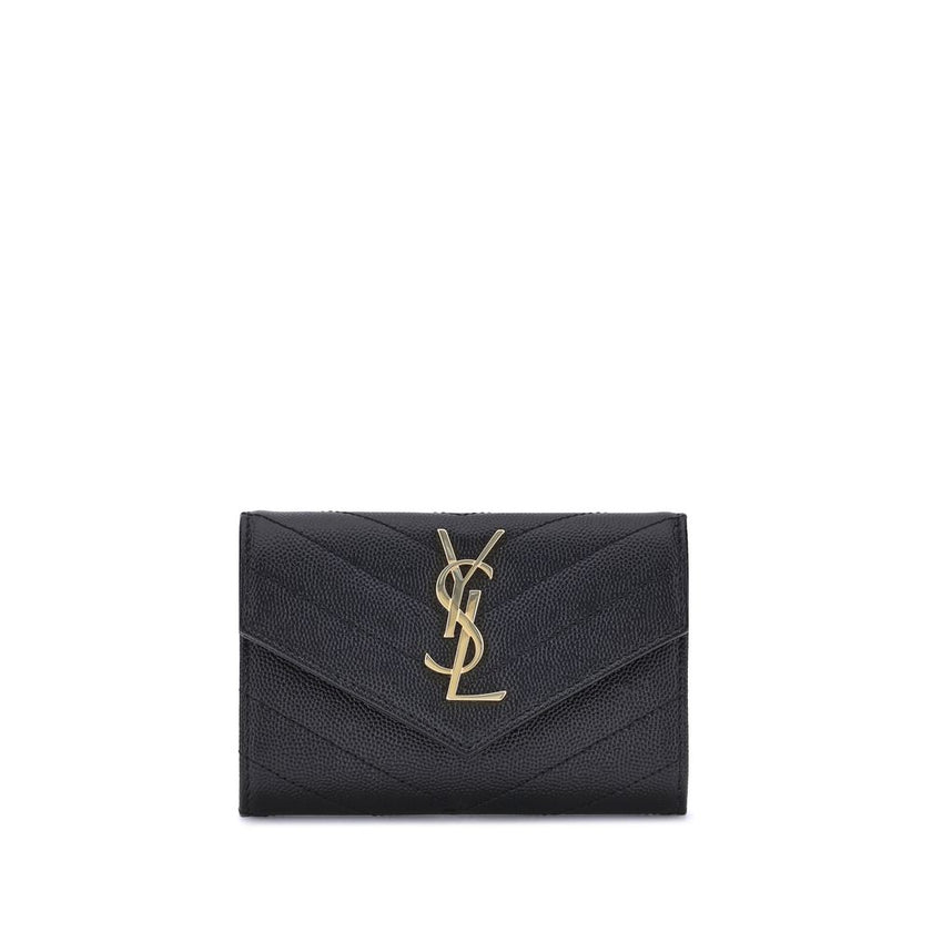 Leather WalletSaint Laurent’s leather Wallet combines functionality and style in a compact and elegant design. Featuring a snap-button closure, it features a logo plaque on the front that adds an iconic touch. There is a handy slit pocket on the back, whi