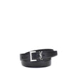Black Calf Leather Bos Taurus Regular BeltThe leather Belt by Saint Laurent combines minimalist elegance with iconic details. It is embellished with a silver-colored geometric buckle and a three-dimensional YSL logo plaque, a symbol of refinement and time