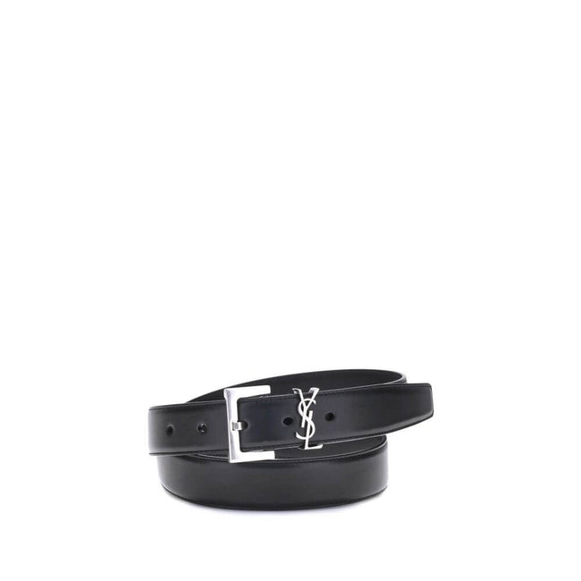 Black Calf Leather Bos Taurus Regular BeltThe leather Belt by Saint Laurent combines minimalist elegance with iconic details. It is embellished with a silver-colored geometric buckle and a three-dimensional YSL logo plaque, a symbol of refinement and time
