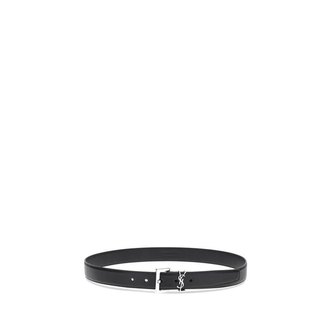 Black Calf Leather Bos Taurus Regular BeltThe leather Belt by Saint Laurent combines minimalist elegance with iconic details. It is embellished with a silver-colored geometric buckle and a three-dimensional YSL logo plaque, a symbol of refinement and time