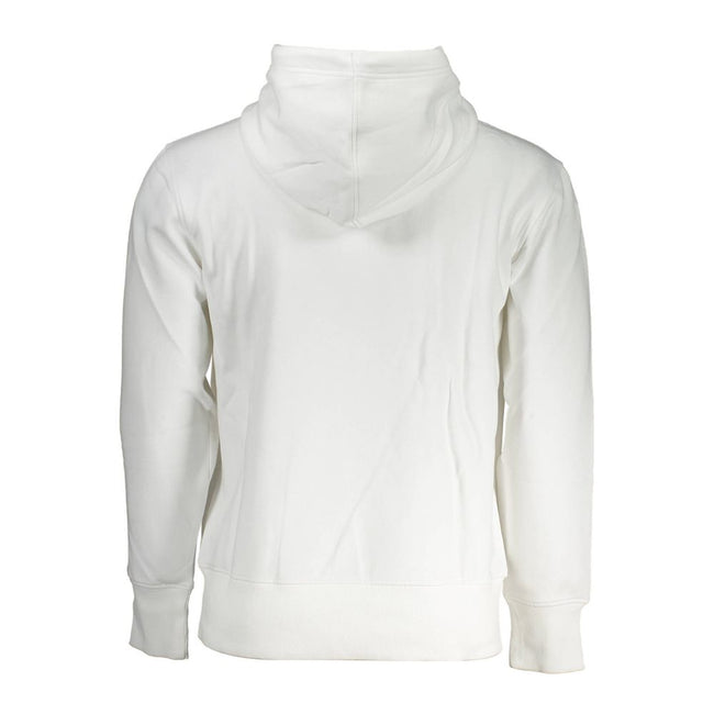 White Cotton Men SweaterIndulge in the epitome of chic comfort with this Calvin Klein hooded sweatshirt. Crafted for those who appreciate the subtle blend of style and coziness, it features a classic white fleece, elegantly embroidered with the brand’s ic