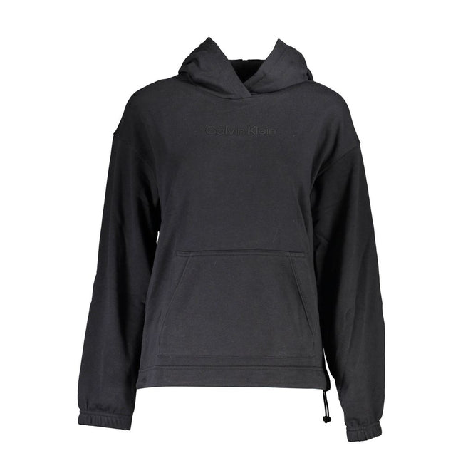 Black Cotton Women SweaterElevate your casual wear with this sleek Calvin Klein long-sleeved sweatshirt. Crafted for those who appreciate the balance of comfort and style, it features a cozy brushed interior, a handy central pocket, and a drawstring waist