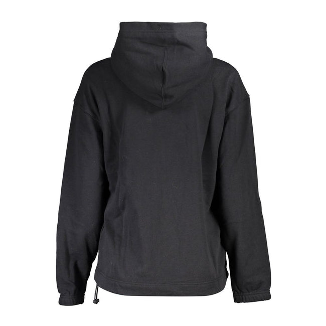 Black Cotton Women SweaterElevate your casual wear with this sleek Calvin Klein long-sleeved sweatshirt. Crafted for those who appreciate the balance of comfort and style, it features a cozy brushed interior, a handy central pocket, and a drawstring waist
