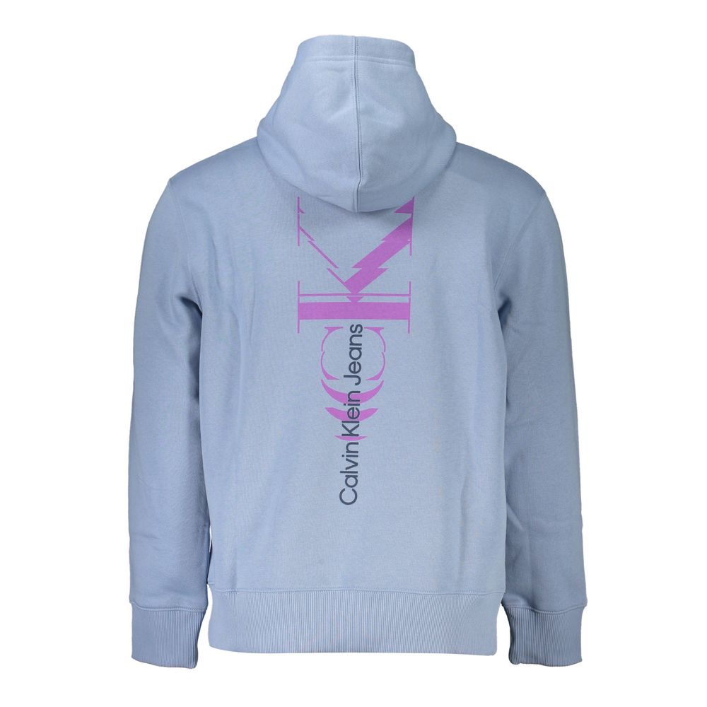 Blue Cotton Men SweaterElevate your casual ensemble with the unmistakable panache of Calvin Klein. This hooded sweatshirt boasts long sleeves and a central pocket for practicality without sacrificing style. Adorned with a striking print and the iconic log
