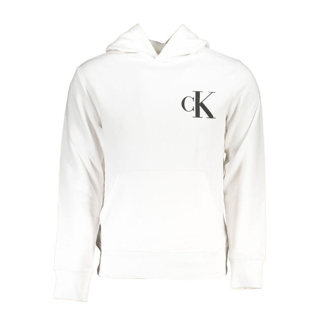 White Cotton Men Sweater with HoodInfuse timeless style with a modern twist into your wardrobe with the Calvin Klein Long Sleeved Sweatshirt. Crafted for the fashion-forward individual, this fleece-lined hoodie boasts a sharp white hue that stands out, fi
