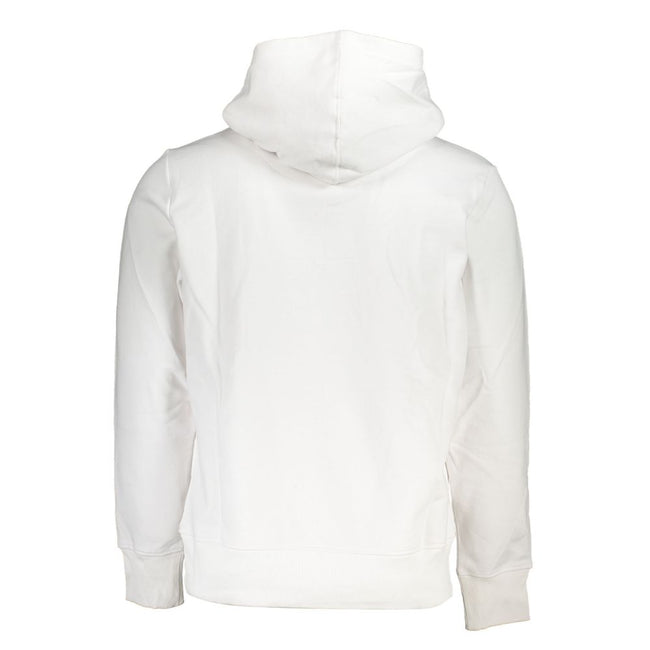 White Cotton Men Sweater with HoodInfuse timeless style with a modern twist into your wardrobe with the Calvin Klein Long Sleeved Sweatshirt. Crafted for the fashion-forward individual, this fleece-lined hoodie boasts a sharp white hue that stands out, fi