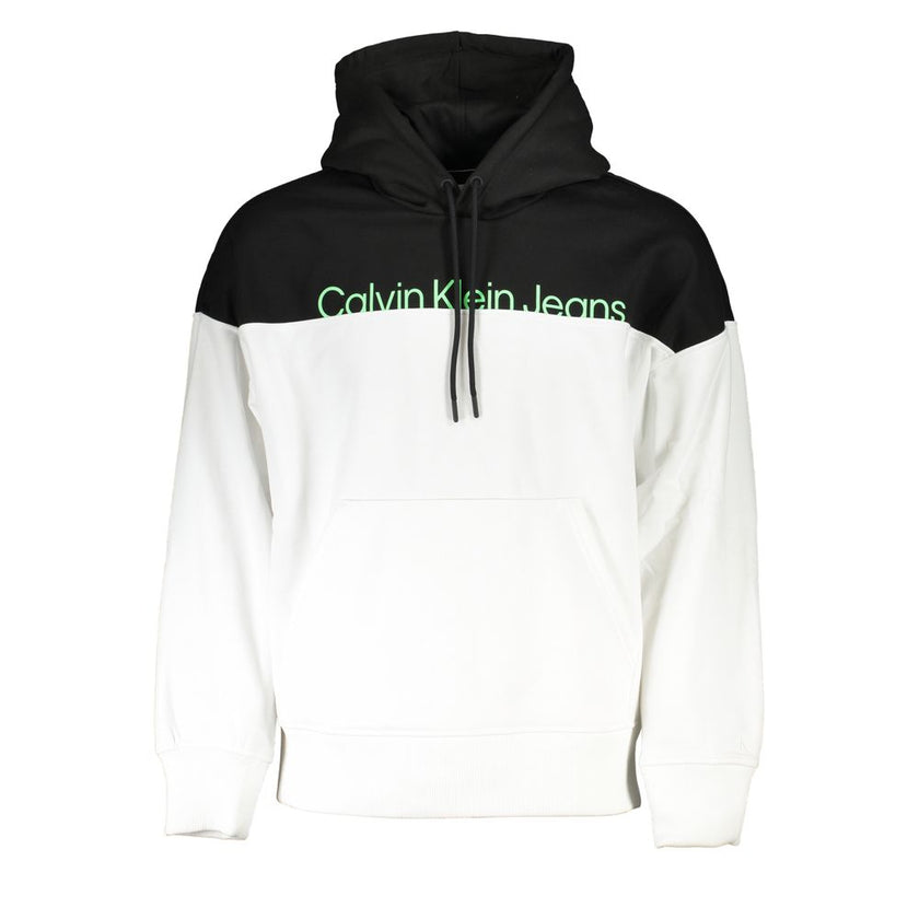 White Polyester Men SweaterElevate your off-duty wardrobe with the Calvin Klein long-sleeved sweatshirt. This hooded marvel leads with a conscience, crafted from 50% recycled polyester, it boasts eco-friendly comfort without compromising on style. The sof