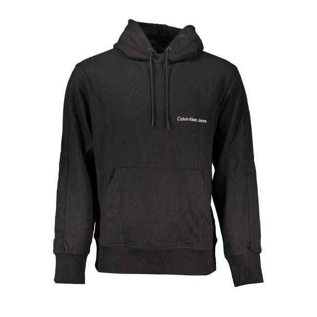 Black Cotton Men SweaterElevate your wardrobe with the bold sophistication of Calvin Klein. This sleek black hooded sweatshirt blurs the lines between casual comfort and stylish streetwear. Crafted from a plush blend of cotton and elastane for unmatched s