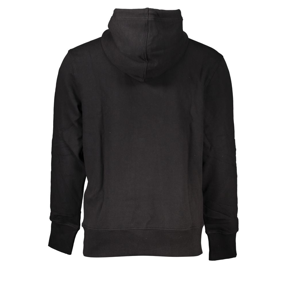 Black Cotton Men SweaterElevate your wardrobe with the bold sophistication of Calvin Klein. This sleek black hooded sweatshirt blurs the lines between casual comfort and stylish streetwear. Crafted from a plush blend of cotton and elastane for unmatched s