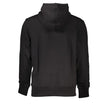 Black Cotton Men SweaterElevate your wardrobe with the bold sophistication of Calvin Klein. This sleek black hooded sweatshirt blurs the lines between casual comfort and stylish streetwear. Crafted from a plush blend of cotton and elastane for unmatched s
