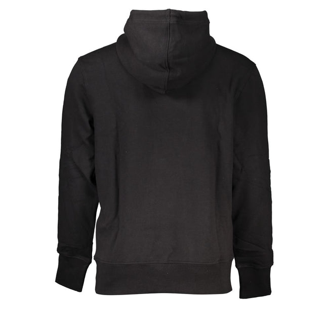 Black Cotton Men SweaterElevate your wardrobe with the bold sophistication of Calvin Klein. This sleek black hooded sweatshirt blurs the lines between casual comfort and stylish streetwear. Crafted from a plush blend of cotton and elastane for unmatched s
