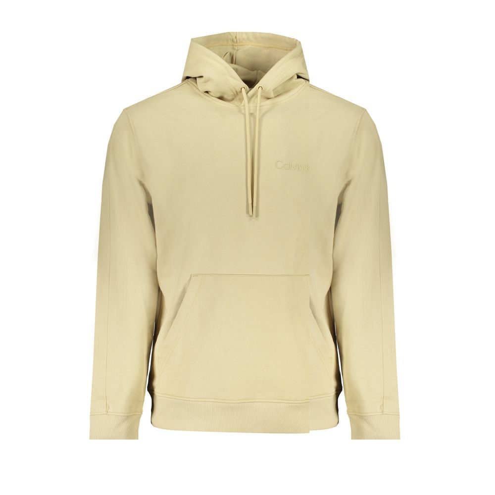 Beige Cotton Men SweaterEmbark on an eco-conscious fashion journey with Calvin Klein’s exquisite long-sleeved sweatshirt. Expertly crafted from 95% regenerative cotton, this hoodie makes a statement with its sleek beige hue, central pocket, and iconic Cal