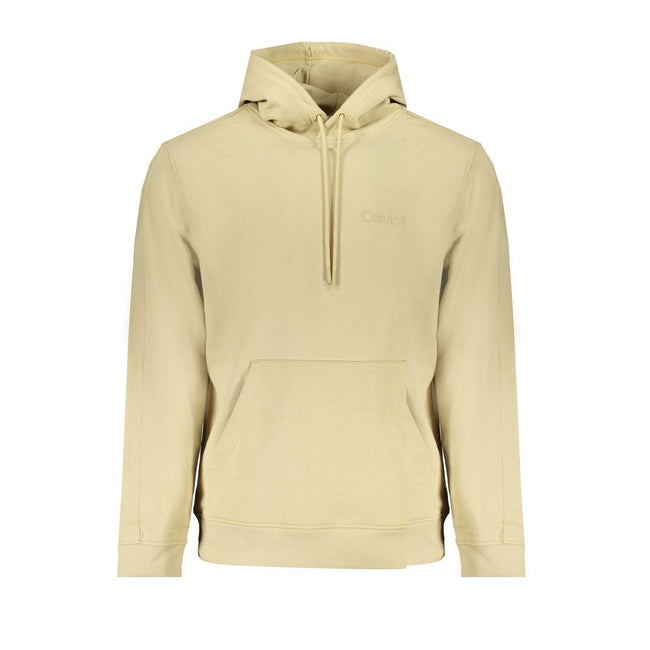 Beige Cotton Men SweaterEmbark on an eco-conscious fashion journey with Calvin Klein’s exquisite long-sleeved sweatshirt. Expertly crafted from 95% regenerative cotton, this hoodie makes a statement with its sleek beige hue, central pocket, and iconic Cal