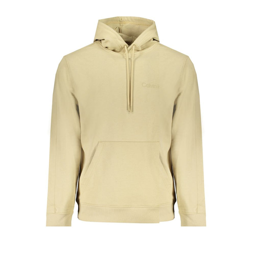 Beige Cotton Men SweaterEmbark on an eco-conscious fashion journey with Calvin Klein’s exquisite long-sleeved sweatshirt. Expertly crafted from 95% regenerative cotton, this hoodie makes a statement with its sleek beige hue, central pocket, and iconic Cal
