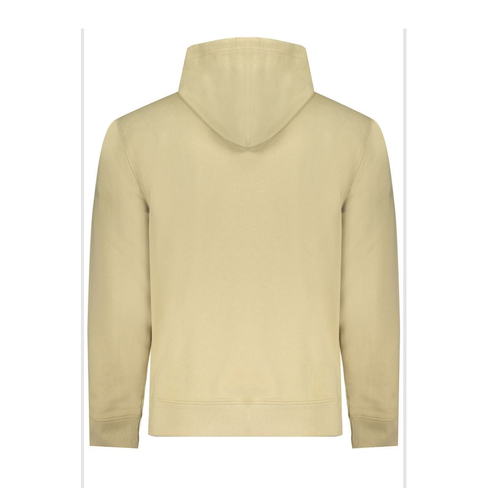 Beige Cotton Men SweaterEmbark on an eco-conscious fashion journey with Calvin Klein’s exquisite long-sleeved sweatshirt. Expertly crafted from 95% regenerative cotton, this hoodie makes a statement with its sleek beige hue, central pocket, and iconic Cal