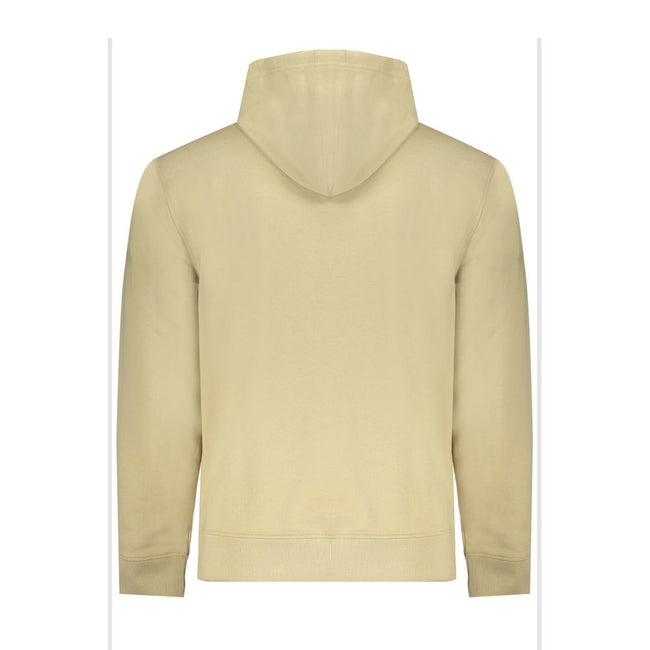 Beige Cotton Men SweaterEmbark on an eco-conscious fashion journey with Calvin Klein’s exquisite long-sleeved sweatshirt. Expertly crafted from 95% regenerative cotton, this hoodie makes a statement with its sleek beige hue, central pocket, and iconic Cal
