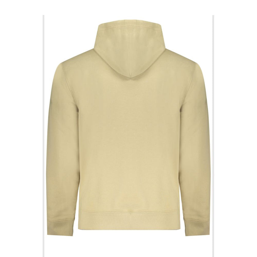 Beige Cotton Men SweaterEmbark on an eco-conscious fashion journey with Calvin Klein’s exquisite long-sleeved sweatshirt. Expertly crafted from 95% regenerative cotton, this hoodie makes a statement with its sleek beige hue, central pocket, and iconic Cal