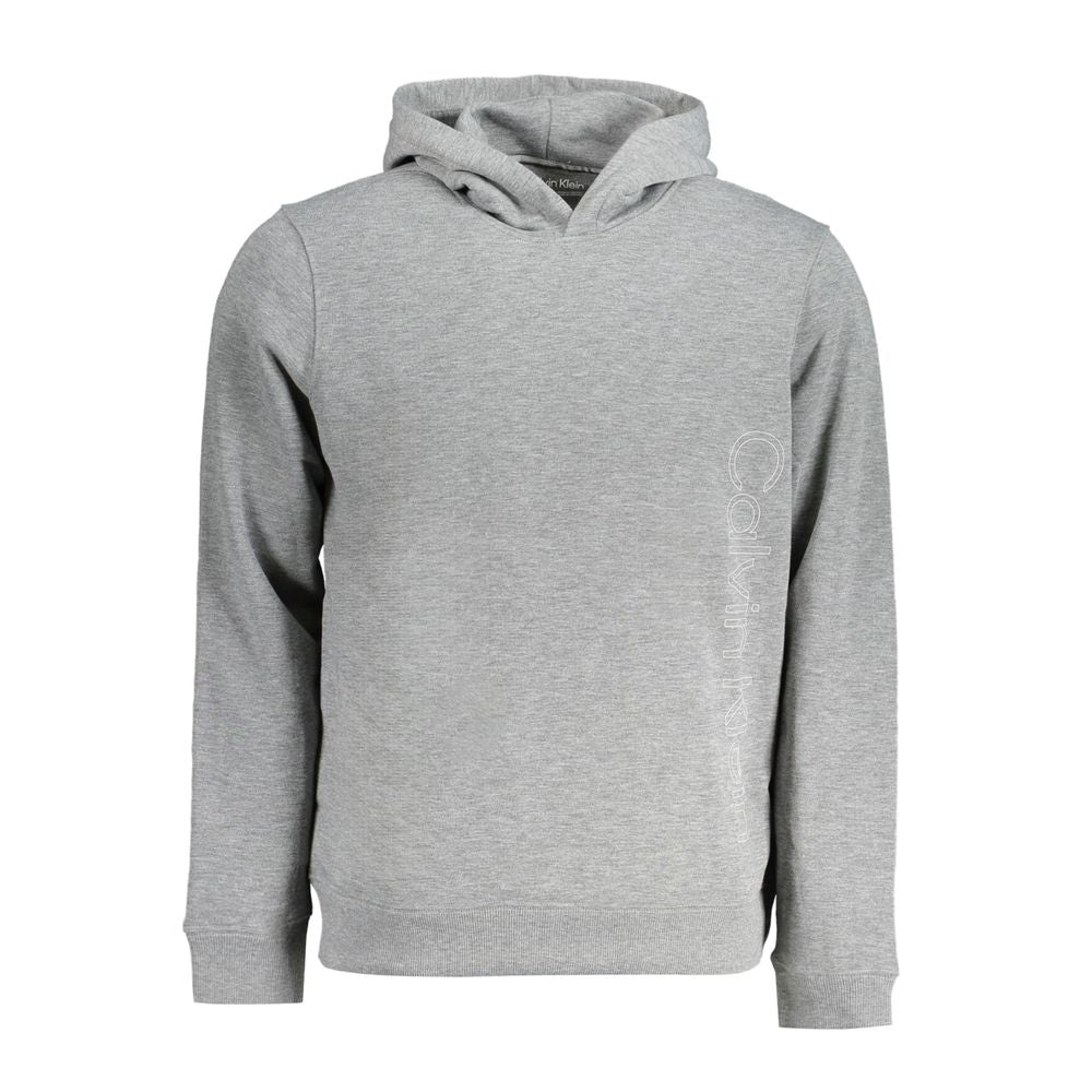 Gray Polyester Men SweaterElevate your casual wardrobe with the Calvin Klein Long Sleeve Sport Hoodie, a testament to eco-conscious fashion. This brushed hoodie doesn’t just make a statement with its bold logo print but also with its commitment to sustain