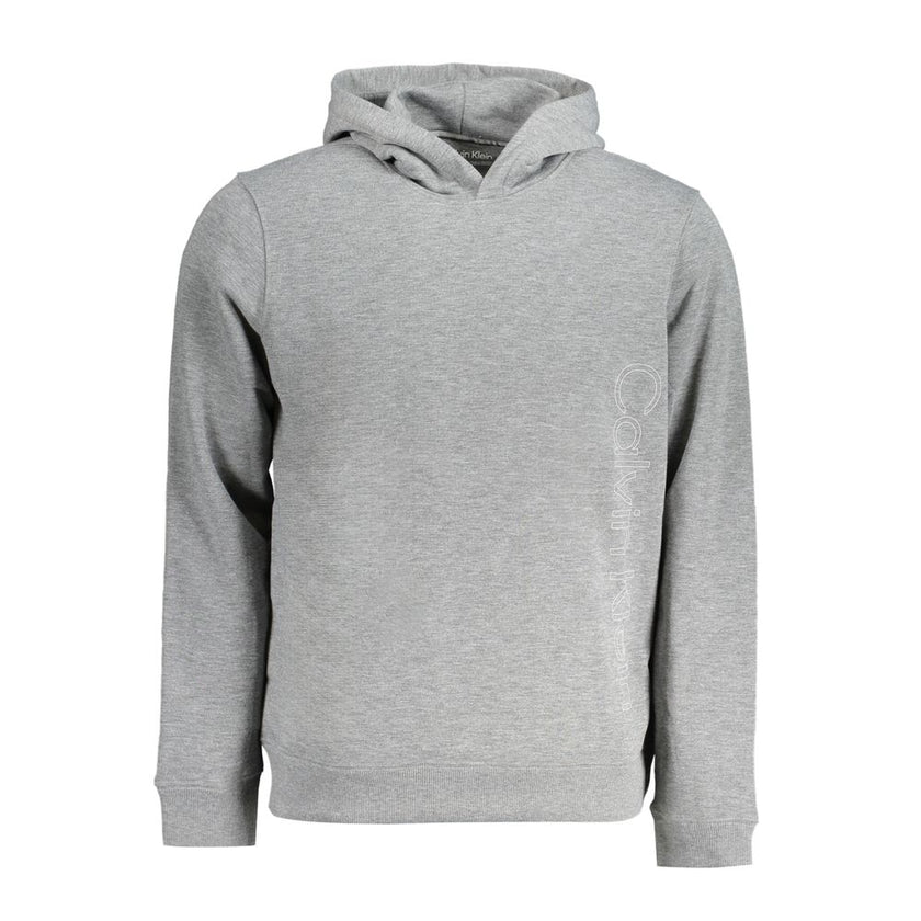 Gray Polyester Men SweaterElevate your casual wardrobe with the Calvin Klein Long Sleeve Sport Hoodie, a testament to eco-conscious fashion. This brushed hoodie doesn’t just make a statement with its bold logo print but also with its commitment to sustain
