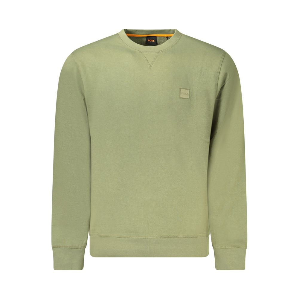 Green Cotton Men SweaterExperience the fusion of comfort and luxury with the Hugo Boss Long Sleeve Sweatshirt. This brushed crew neck piece is the epitome of effortless style, boasting an embroidered logo that instantly elevates your look. Ideal for those