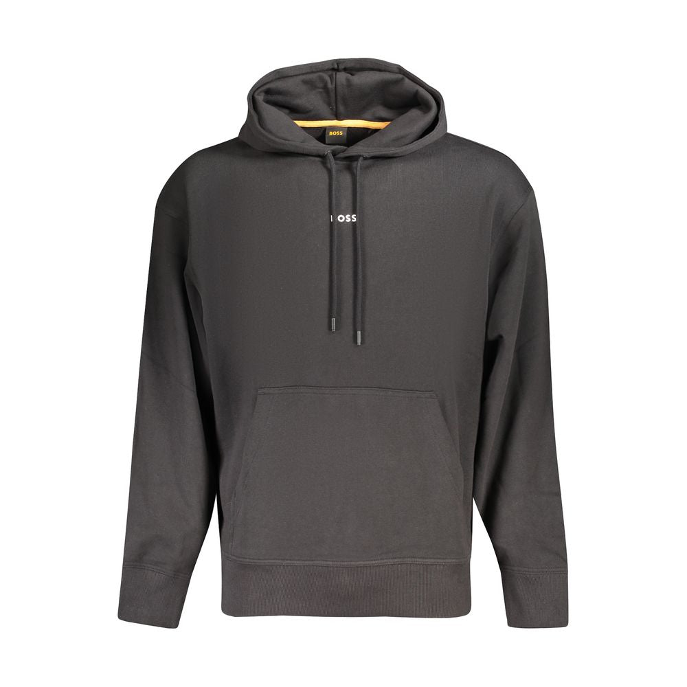 Black Cotton Men SweaterExperience the epitome of casual luxury with Hugo Boss’s masterfully crafted hoodie. This long-sleeved hooded sweatshirt showcases the perfect balance of comfort and style, featuring a soft brushed interior that’s perfect for those