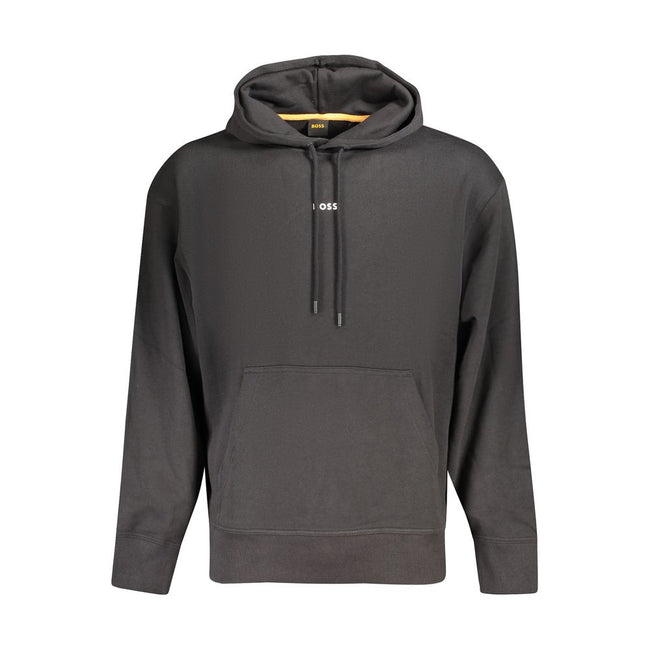 Black Cotton Men SweaterExperience the epitome of casual luxury with Hugo Boss’s masterfully crafted hoodie. This long-sleeved hooded sweatshirt showcases the perfect balance of comfort and style, featuring a soft brushed interior that’s perfect for those