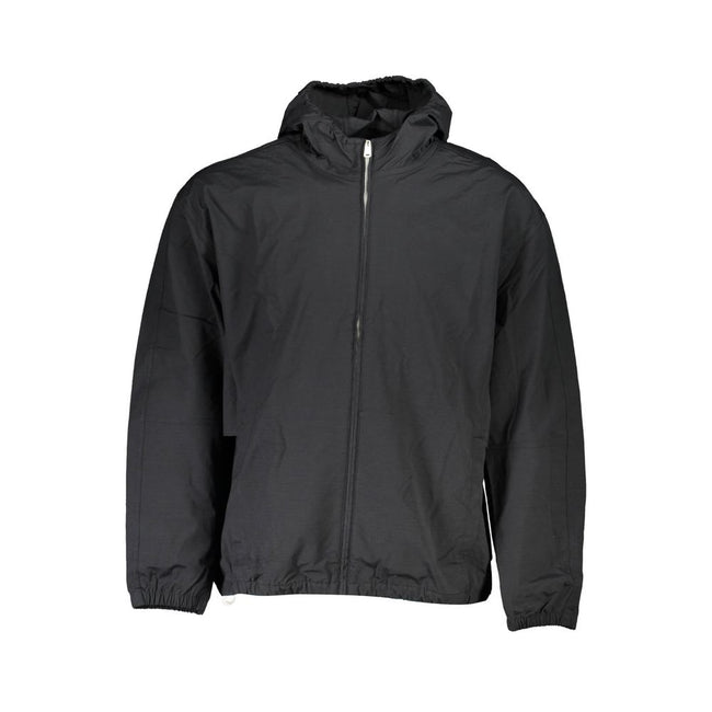 Black Cotton Men's JacketIntroducing the sleek and versatile Calvin Klein sports jacket – the ultimate fusion of functionality and style. Crafted for those who dare to stand out, this black jacket boasts long sleeves, a practical hood, and a smart zip clo