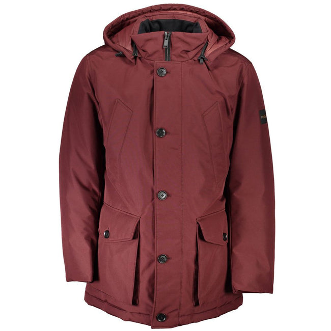 Red Polyester Men JacketElevate your outerwear collection with the unmistakably sharp stylings of Hugo Boss. This vibrant red, long-sleeved jacket boasts a sleek removable hood, ensuring versatility and a tailored look for any occasion. Featuring a multit