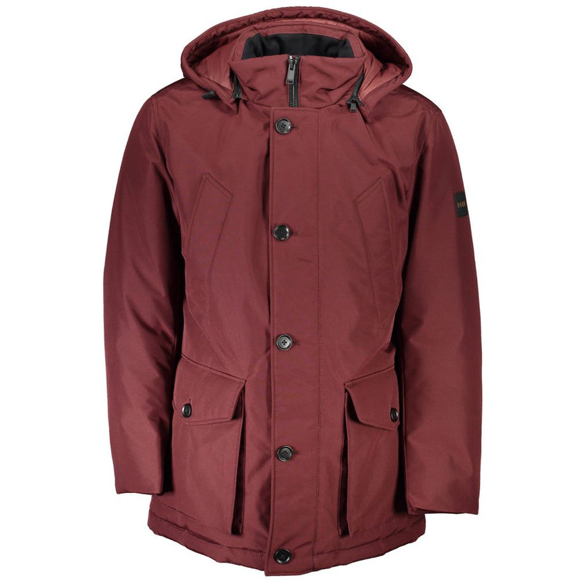 Red Polyester Men JacketElevate your outerwear collection with the unmistakably sharp stylings of Hugo Boss. This vibrant red, long-sleeved jacket boasts a sleek removable hood, ensuring versatility and a tailored look for any occasion. Featuring a multit