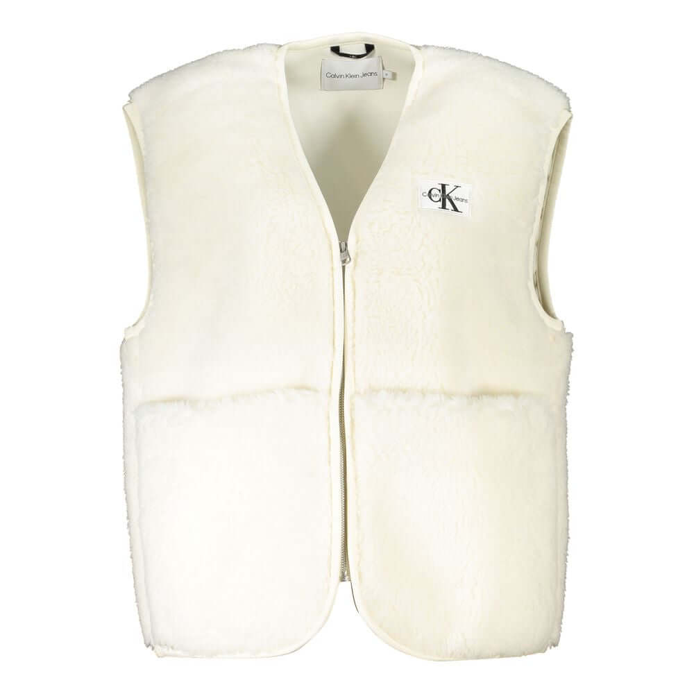 White Polyester Women's CoatIndulge in the minimalist charm of Calvin Klein with this chic, sleeveless jacket featuring stylishly oversized pockets and a discreet yet distinct logo – perfect for the eco-conscious fashionista. Crafted with 50% recycled pol