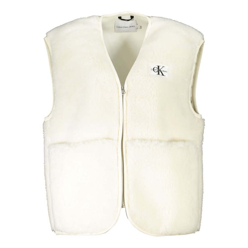 White Polyester Women's CoatIndulge in the minimalist charm of Calvin Klein with this chic, sleeveless jacket featuring stylishly oversized pockets and a discreet yet distinct logo – perfect for the eco-conscious fashionista. Crafted with 50% recycled pol