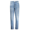 Blue Cotton Women JeansElevate your denim game with the quintessential Calvin Klein mom jeans. Fashioned for those who dare to make a statement, these jeans blend classic charm with modern ethos. Flaunting a washed effect for that beloved vintage appeal,