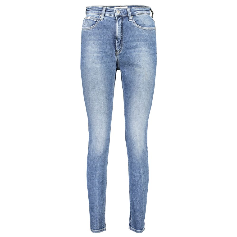 Blue Cotton Women JeansRevamp your denim collection with the unmistakable class of Calvin Klein. Introducing the high-rise skinny jeans that are as sustainable as they are stylish. Crafted with a blend that includes 20% recycled cotton, these jeans boast