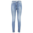Blue Cotton Women JeansRevamp your denim collection with the unmistakable class of Calvin Klein. Introducing the high-rise skinny jeans that are as sustainable as they are stylish. Crafted with a blend that includes 20% recycled cotton, these jeans boast
