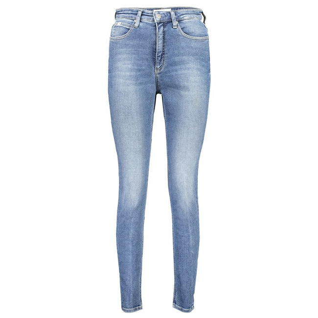 Blue Cotton Women JeansRevamp your denim collection with the unmistakable class of Calvin Klein. Introducing the high-rise skinny jeans that are as sustainable as they are stylish. Crafted with a blend that includes 20% recycled cotton, these jeans boast