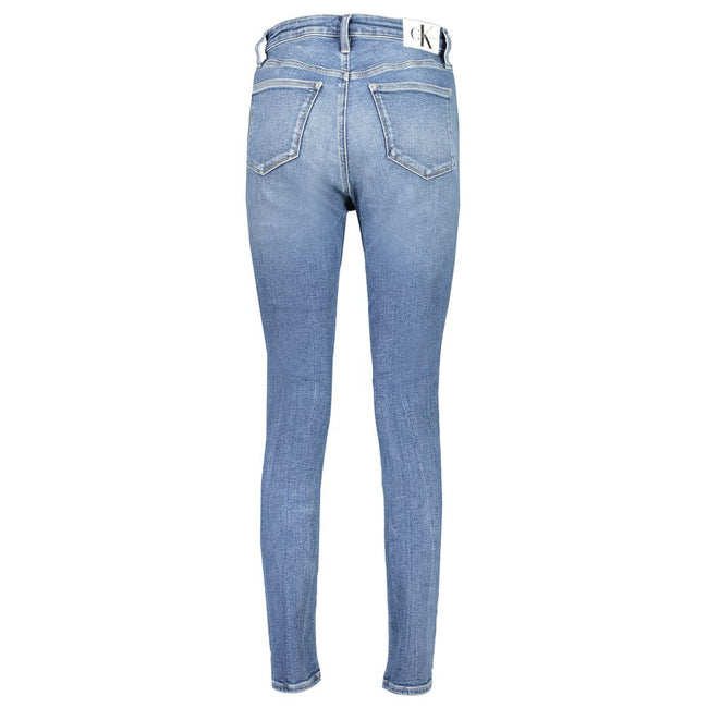 Blue Cotton Women JeansRevamp your denim collection with the unmistakable class of Calvin Klein. Introducing the high-rise skinny jeans that are as sustainable as they are stylish. Crafted with a blend that includes 20% recycled cotton, these jeans boast