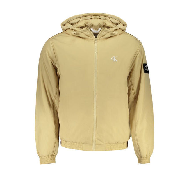 Beige Recycled Polyester Men JacketElevate your wardrobe with the unmistakable sophistication of Calvin Klein. This beige long-sleeved jacket is tailored for the fashion-forward individual. Adorned with a subtle print and the iconic logo, it offers style