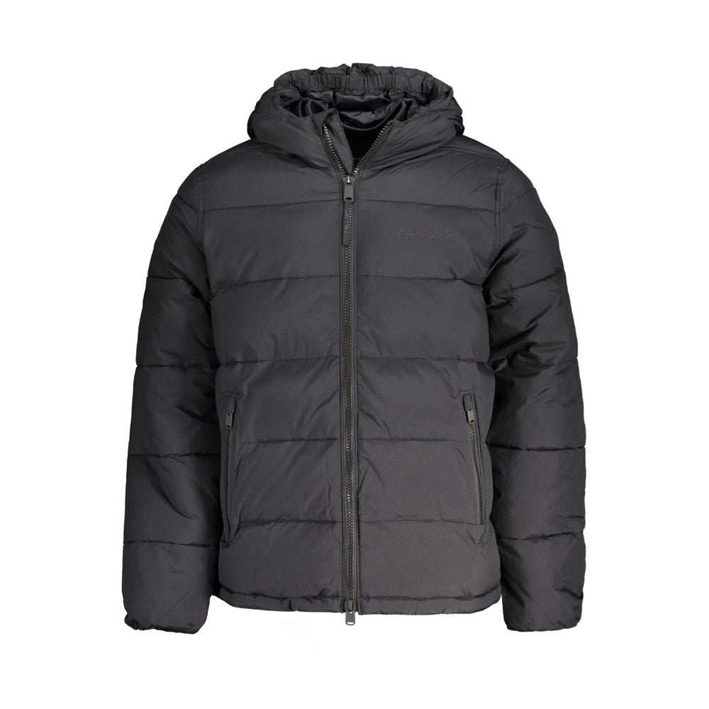 Black Nylon Men JacketElevate your outerwear collection with the audacious charm of Calvin Klein. This sleek long sleeve jacket, complete with a practical hood and contrasting details, epitomizes style with functionality. Designed for the modern trendsett