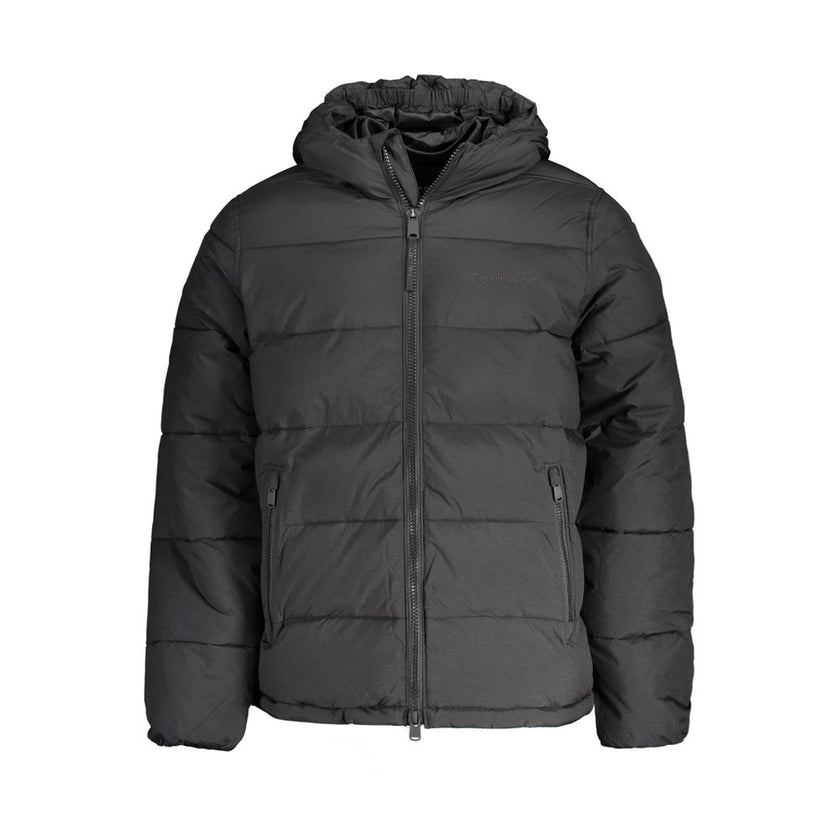 Black Nylon Men JacketElevate your outerwear collection with the audacious charm of Calvin Klein. This sleek long sleeve jacket, complete with a practical hood and contrasting details, epitomizes style with functionality. Designed for the modern trendsett