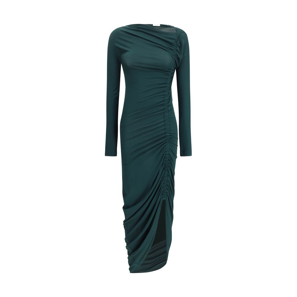 Green Viscose Casual DressFerragamo’s Draped Midi Dress is an elegant and feminine piece featuring a simple crew neck and gathered details that shape and enhance the figure. Made of stretch jersey, it features ruched pleats running all the way down the le
