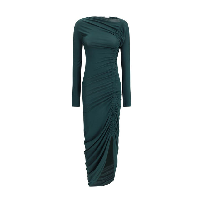 Green Viscose Casual DressFerragamo’s Draped Midi Dress is an elegant and feminine piece featuring a simple crew neck and gathered details that shape and enhance the figure. Made of stretch jersey, it features ruched pleats running all the way down the le