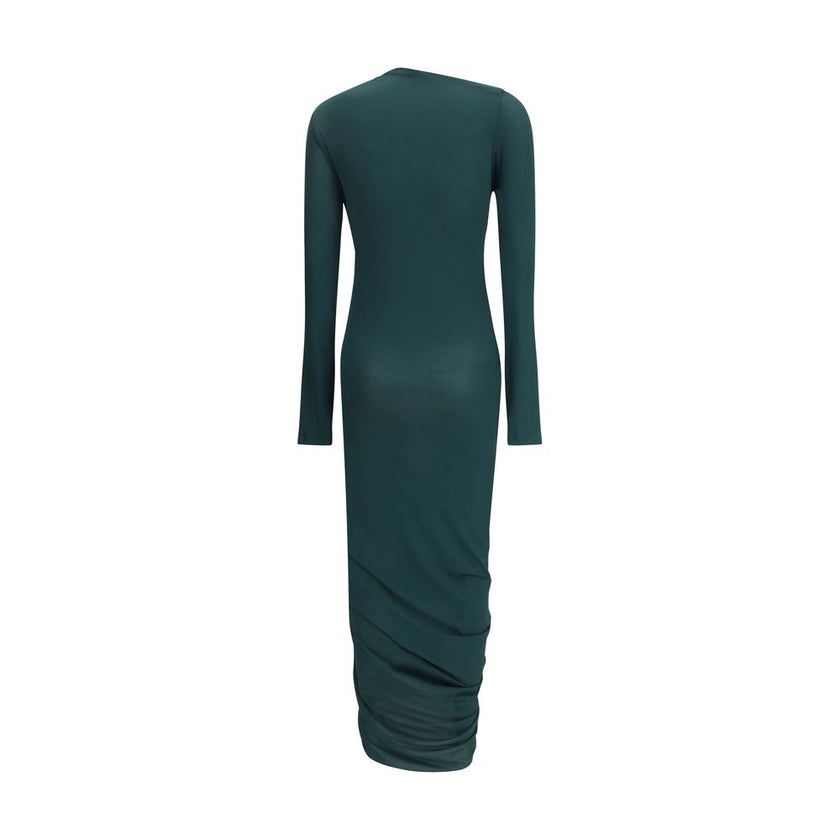 Green Viscose Casual DressFerragamo’s Draped Midi Dress is an elegant and feminine piece featuring a simple crew neck and gathered details that shape and enhance the figure. Made of stretch jersey, it features ruched pleats running all the way down the le