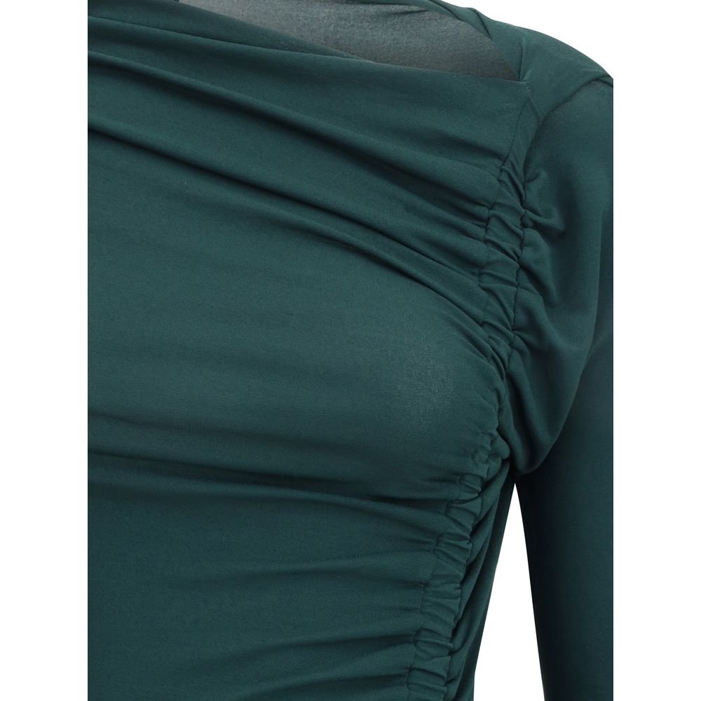 Green Viscose Casual DressFerragamo’s Draped Midi Dress is an elegant and feminine piece featuring a simple crew neck and gathered details that shape and enhance the figure. Made of stretch jersey, it features ruched pleats running all the way down the le