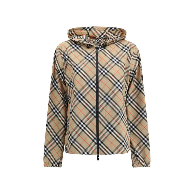 Beige Polyester Shell JacketBurberry’s waterproof Jacket combines functionality with iconic style. Equipped with an adjustable drawstring hood, it features the famous Archivio Check pattern that recalls the brand’s heritage. The front zipper closure and t