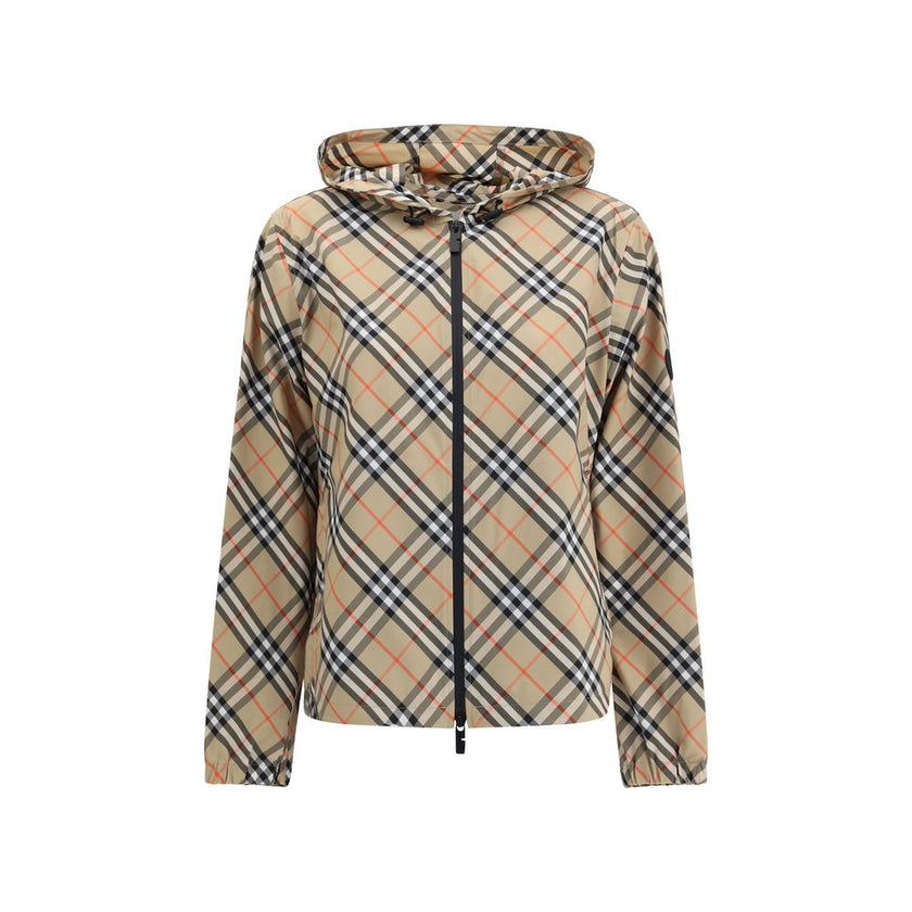 Beige Polyester Shell JacketBurberry’s waterproof Jacket combines functionality with iconic style. Equipped with an adjustable drawstring hood, it features the famous Archivio Check pattern that recalls the brand’s heritage. The front zipper closure and t