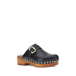 Black Calf Leather Bos Taurus ClogsChloé’s Jeannette Mules reinterpret the classic clog model with a bold, contemporary style. Made of soft calfskin, they feature a solid wooden platform and a low wide heel for stability and comfort. The round toe, golden