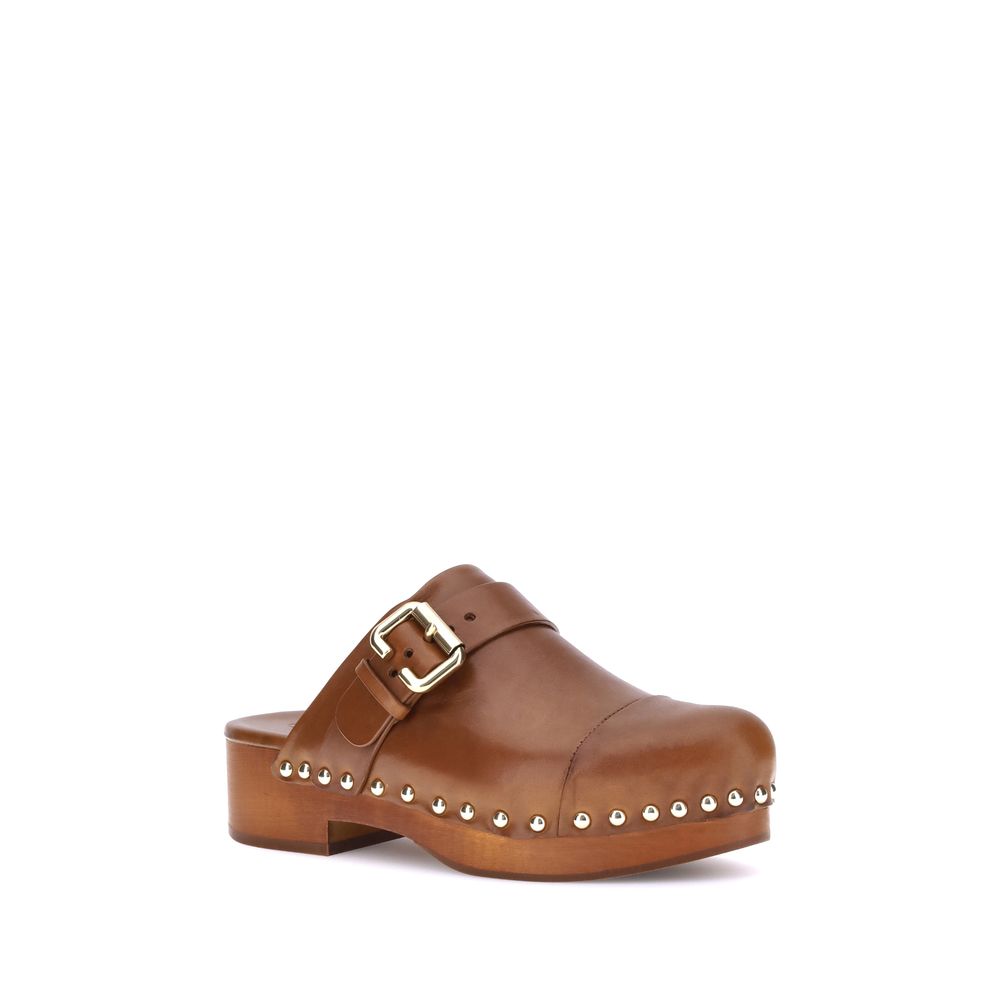 Brown Leather Clogs with Wooden Platform and Studs